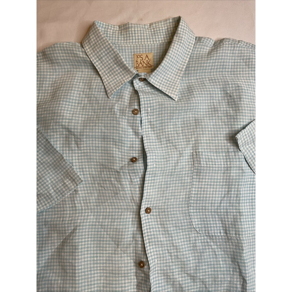 Jos A Bank Linen Short Sleeved Shirt Turquoise White Plaid Preppy  Size‎ XXL